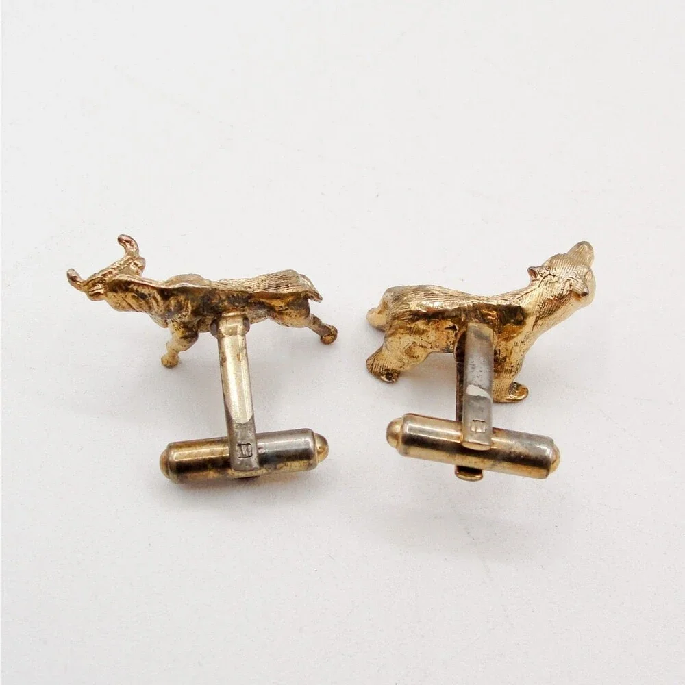 Vintage Sterling Silver Bull & Bear Cufflinks Gold Wash Stock Broker Wall Street